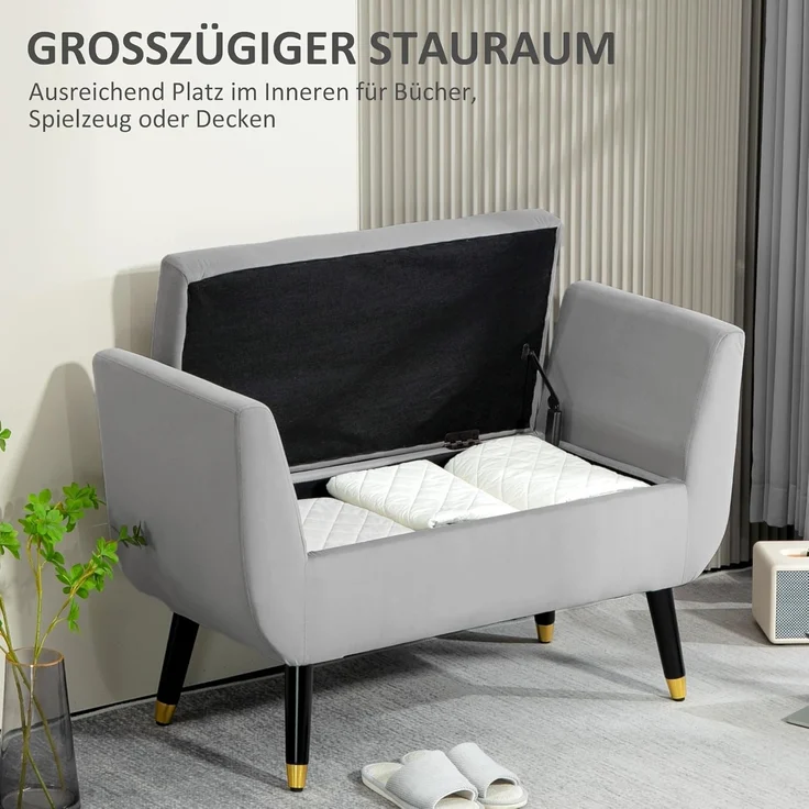HOMCOM Sitzbank mit Stauraum Armlehnen, Samtartiges Polyester (Truhenbank, 1-St, Polsterbank), Gummiholz Hellgrau 107 x 42 x 65 cm – Bild 3