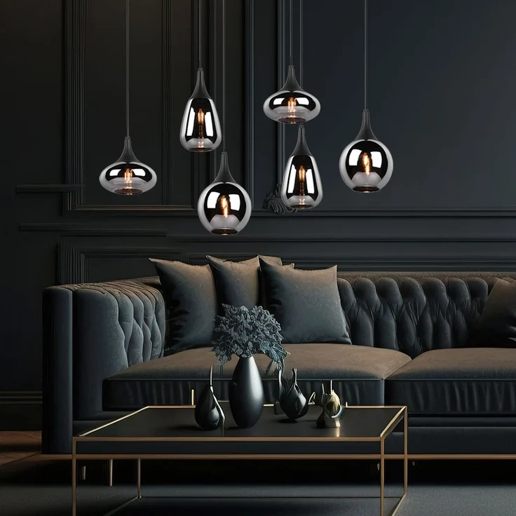 Hängeleuchte, Metall schwarz, Glas chrom, 6 Flammig, H 150cm – Bild 8