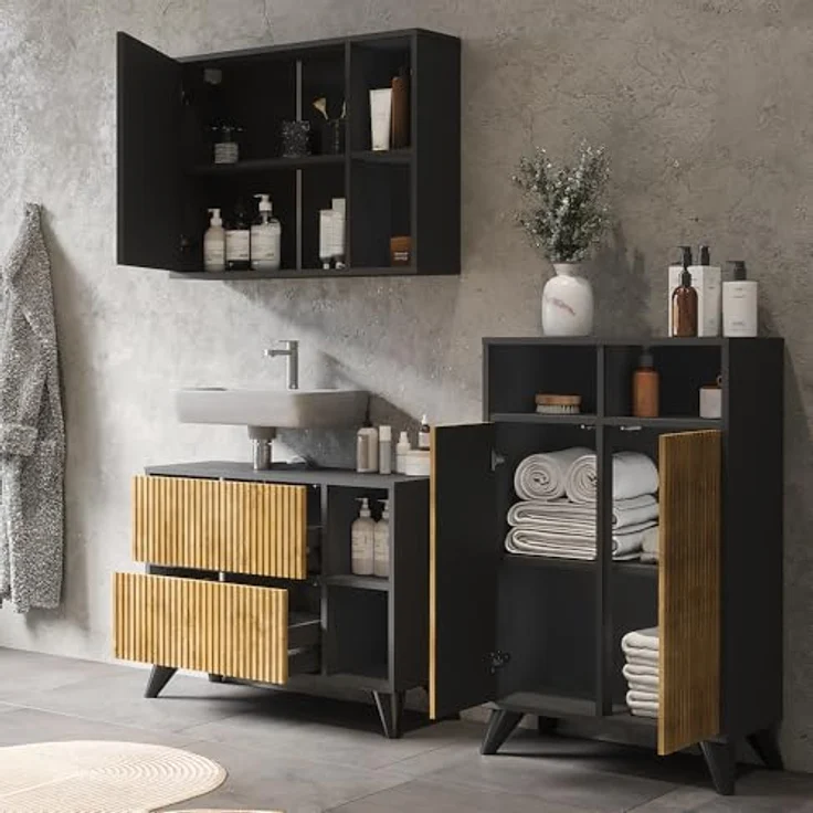 Vichy Badmöbel-Set Leano, Waschbeckenunterschrank und Spiegelschrank, Anthrazit/Bergeiche, 80 cm, Set 2 – Bild 5