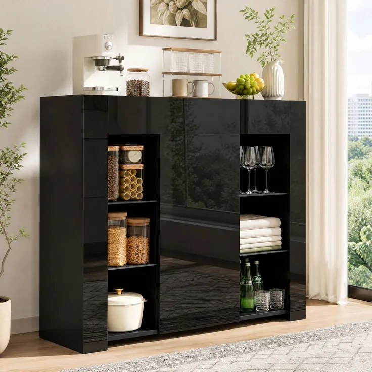 DESVIAE Sideboard mit Glaseinlegeböden und Tür 95x83x35 cm Spanplatte Schwarz