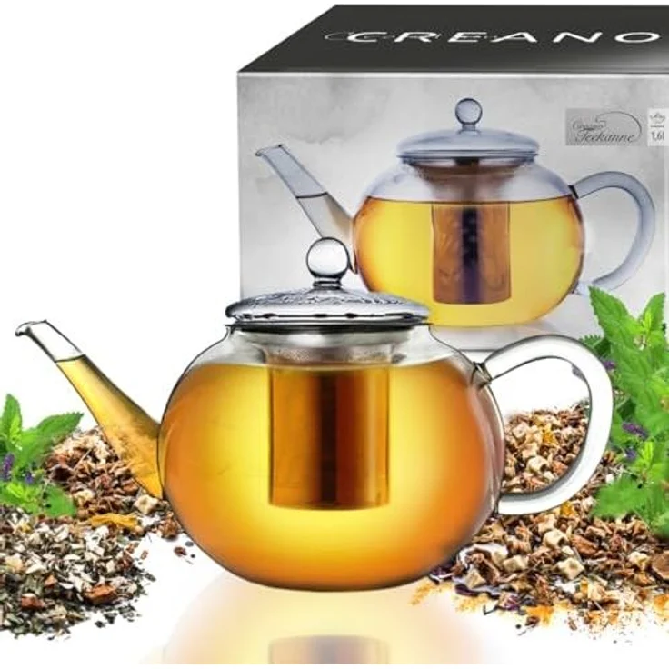Creano Teekanne Creano Teekanne aus Glas 1,6l, 3-Teilige Glasteekanne mit Integriertem, (1er-Set, 2-St), tropffrei – Bild 1