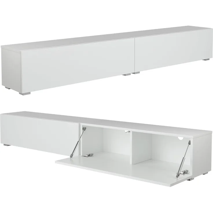 PLATAN ROOM Fernsehschrank TV-Lowboard 105/140 / 160/210 / 280 In Weiß Hängend Oder Stehend Hochglanz Matt (210 x 30 x 32, Weiß Matt/Weiß Matt)