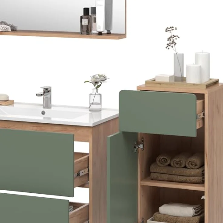 Vichy Badmöbelset Izan, 4-teiliges Badmöbel-Set in Goldkraft Eiche und Grün mit Midischrank – Bild 5