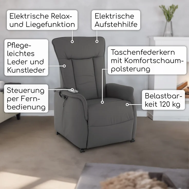 Raburg TV-Sessel Fernsehsessel mit Aufstehhilfe, Relaxsessel mit Liegefunktion, Marie, elektrisch mit Fernbedienung, 2 Motoren, bis 120 kg – Bild 2
