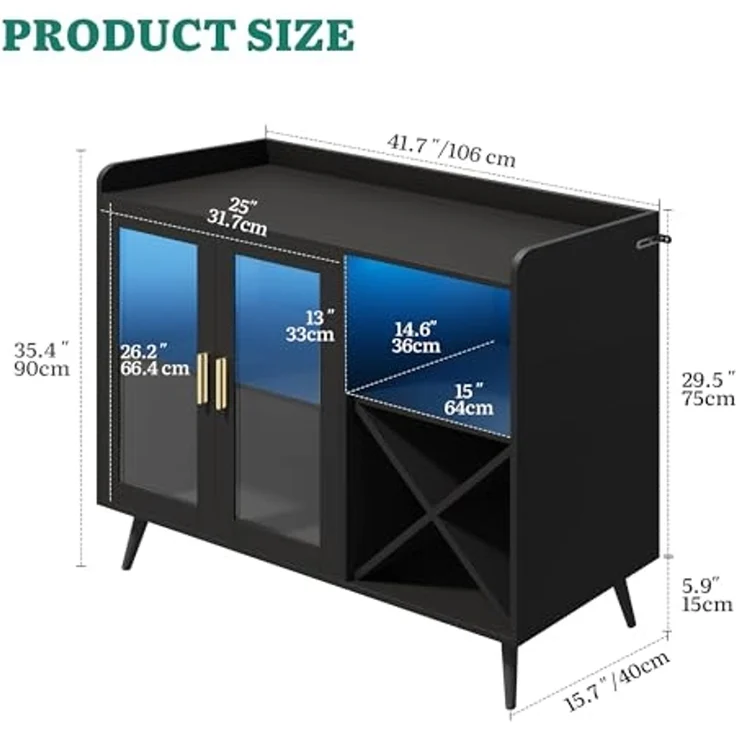 YITAHOME Barschrank mit verstellbaren LED-Lichtern, Kaffeebar mit Weinregal & Haken & Acryl-Türschrank, Küche Buffet Sideboard für Home Bar/Esszimmer/Wohnzimmer, Schwarz – Bild 3
