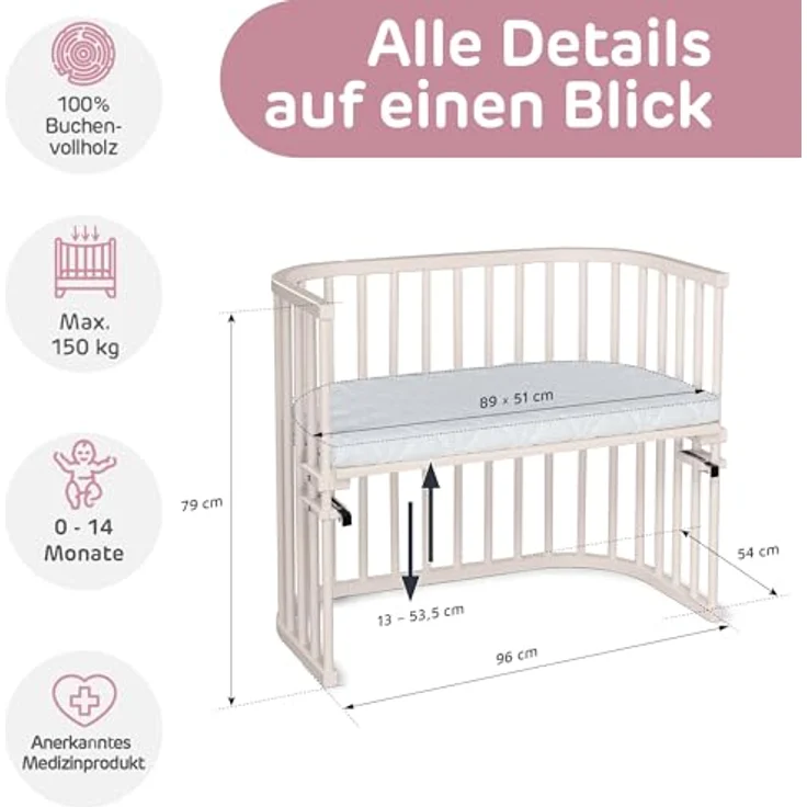 babybay Maxi extra großes Beistellbett aus massivem Buchenholz/Kinderbett Höhe stufenlos verstellbar & umweltfreundlich/mitwachsendes Babybett (beige lackiert) – Bild 7