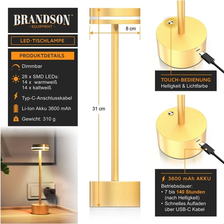 Brandson LED Tischleuchte Tischlampe, stufenlos dimmbar, 3 Lichtfarben, Akku 3600 mAh, Touch, Dimmfunktion, Ein-/Ausschalter, Farbwechsel, mehrere Helligkeitsstufen, LED fest integriert, Kaltweiß, Neutralweiß, Warmweiß, Tischlampe kabellos, USB-C, Schr... – Bild 1