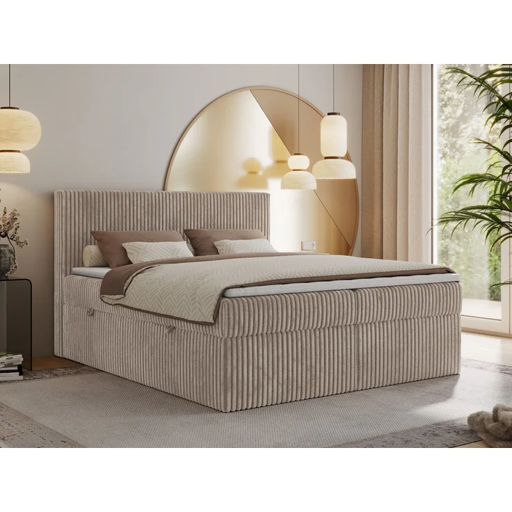 Boxspringbett mit Kopfteil und Topper T25, Cord Bett - TILIANO - 140 x 200 cm - Hellbraun Cord - H4 – Bild 1