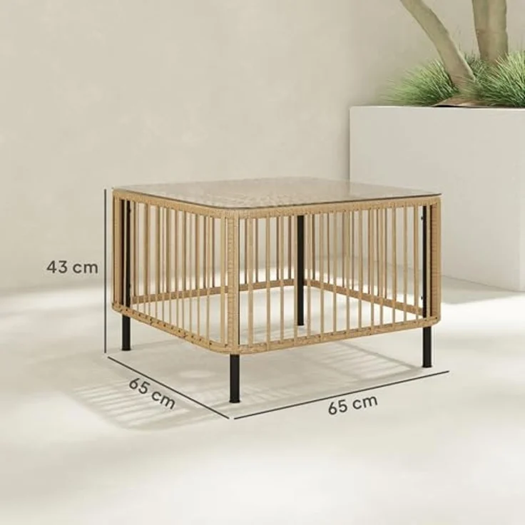Outsunny Gartentisch aus Polyrattan, mit Glasplatte (quadrarischer Terrassentisch, 1-St, wetterfest Beistelltisch), 65 x 65 x 43 cm, für Garten, Terrasse, Balkon Naturholz – Bild 3