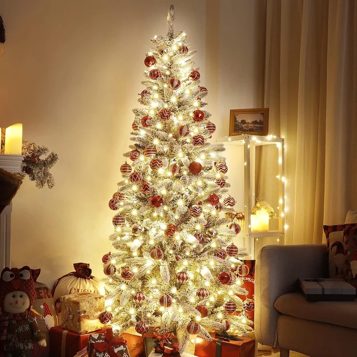 Yorbay Künstlicher Weihnachtsbaum Künstlicher Slim Tannenbaum aus PE und PVC, mit LED Beleuchtung, 180 / 210 cm auswählbar, mit Ständer, Schneeflocken, Schlankes Design, Weihnachtsbaum Christbaum für Weihnachten-Dekoration – Bild 6