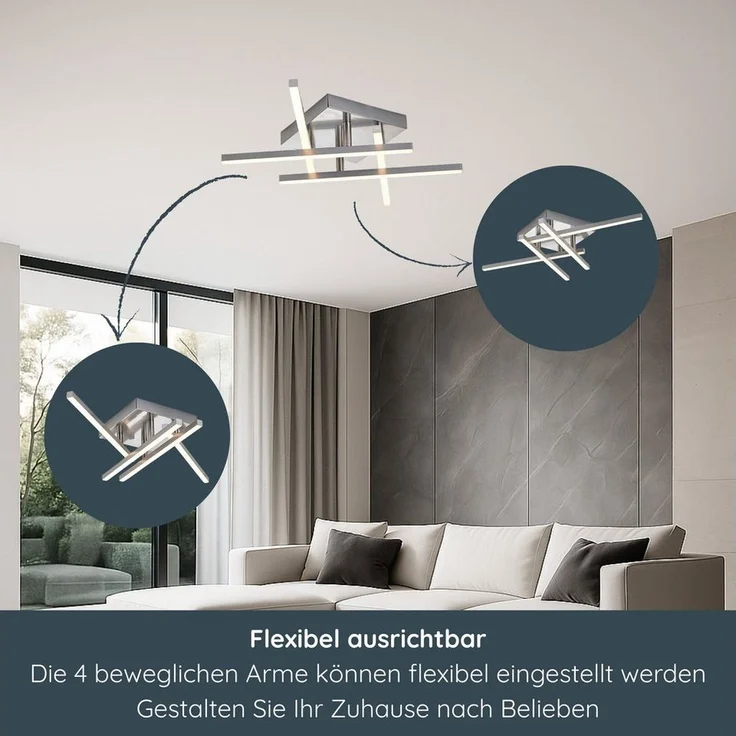 MeLiTec LED Deckenleuchte D121, warmweiß, nickel matt, aus Metall, verstellbare Arme, moderne Deckenlampe eckig – Bild 1