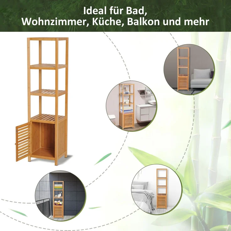 Badschrank 36 x 33 x 140 cm aus Bambus, 3 offene Fächer und Lamellentür – Bild 4