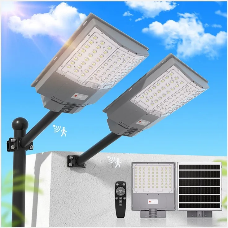 Rhein Beleuchtung LED Solarleuchte 1000W Solarlampen für Außen – Solar Strahler Außen mit Fernbedienung, Für Wand, Parkplatz, Garten Straße – inkl. Mast Montageset, LED fest integriert, Einstellbare Farbtemperatur, Bewegungsmelder, Timer & 240° Lichtwi...