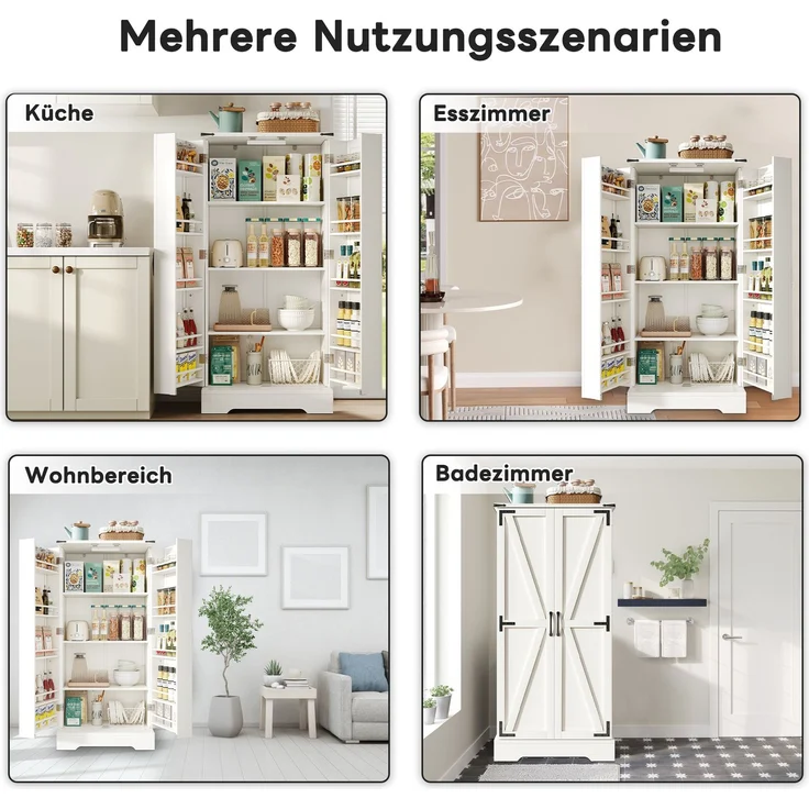128,5 cm großer Küchenschrank, Bauernhaus-Aufbewahrungsschrank – LED-Speiseschrank mit 2 Flügeltüren und verstellbaren Regalen für kleine Räume im Esszimmer oder Wohnzimmer, weiße Tiefdruckstruktur--Weiß--134.62x44.45x15.88cm--YOUDENOVA – Bild 5