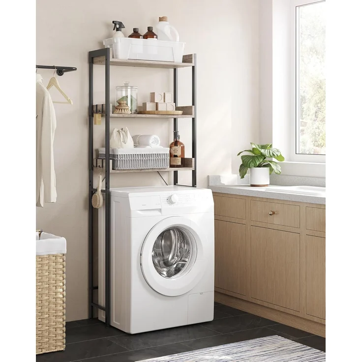 Vasagle Toilettenregal mit 3 offenen Ablagen, Holz | Stahl Greige-Schwarz, 63 x 25 x 165 cm – Bild 4
