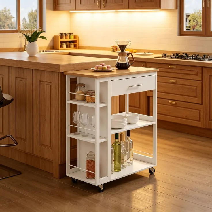 Küchenwagen B 73 x T 38 x H 88 cm aus MDF in Weiß und Holzoptik mit Rollen – Bild 3