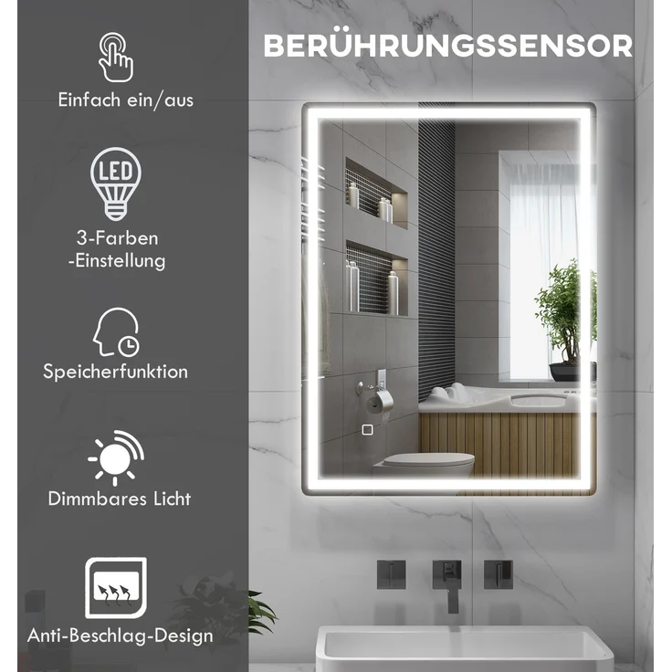 Dimmbarer Lichtspiegel Badezimmerspiegel 80x60cm mit Memory-Funktion und beschlagfreier Oberfläche für modernes Bad--Silber--80x60x4cm--YOUDENOVA – Bild 4