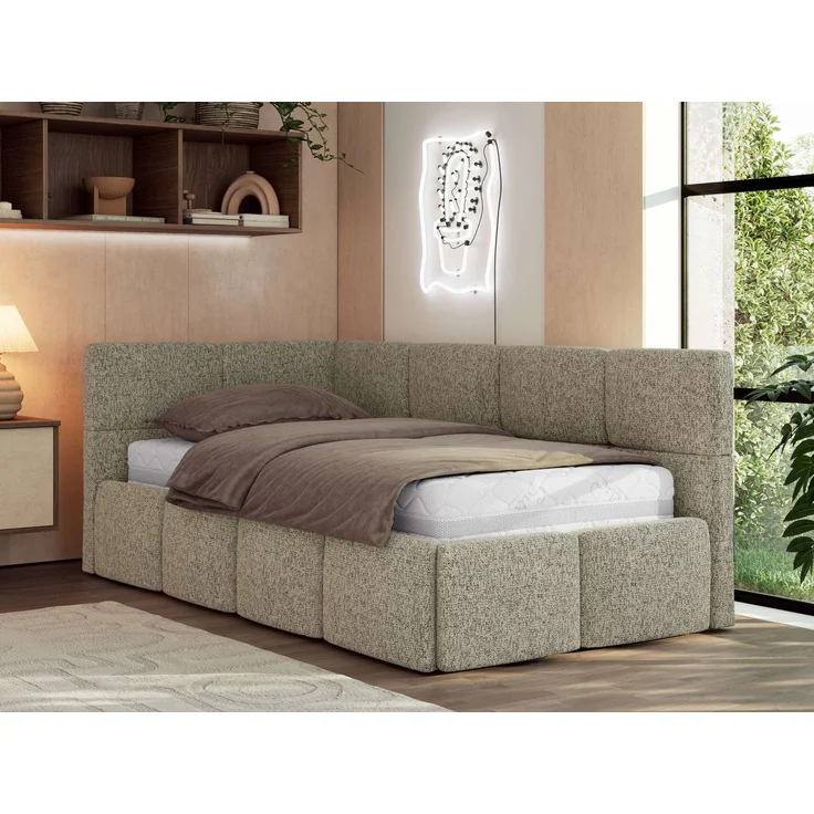 Jugendbett 90x200 ARVO Polsterbett mit Bettkasten, Stauraum & Gasdruckfeder, Modernes Design mit Kopfteil, Foam Matratze - Dunkelbeige Strukture - MIRO LUX - Links Seite – Bild 1