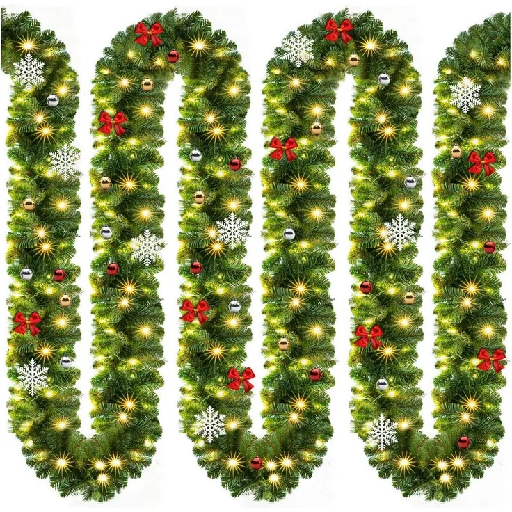 Kunstgirlande, Casaria, Höhe 28 cm, Weihnachtsgirlande Geschmückt 5m 80 LED Warmweiß Innen Außen IP44