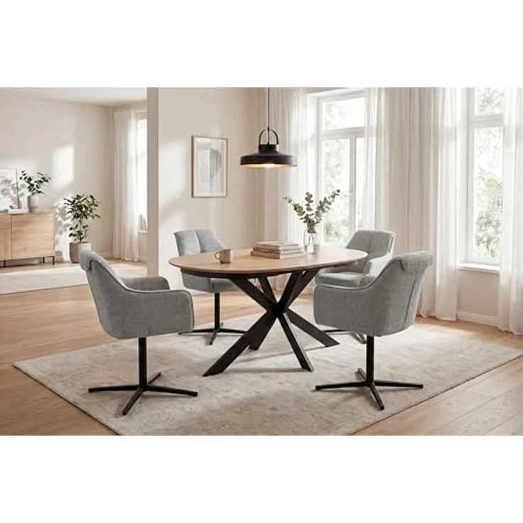 byLIVING 2er Set Esszimmerstuhl Mexico, Polsterstuhl mit Armlehne, 360 Grad drehbar, Taschenfederkern-Polsterung, Stativfuß Metall Schwarz, Strukturstoff Grau, Maße: B 65, H 87, 67 cm – Bild 2