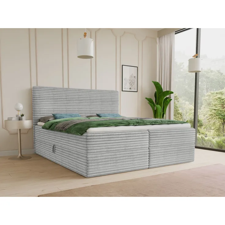 Boxspringbett Mollo mit 2 Bettkästen, Doppelbett mit Bonell-Matratze und Topper, Polsterbett in weichem Cordstoff, Bett, Bettgestell für Schlafzimmer (Grau (Tilia 86), 180 x 200 cm)