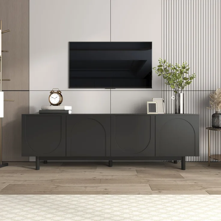 TV-Schrank 175x38x56 cm, Schwarz, 4 Türen mit Push-to-Open, verstellbare Einlegeböden