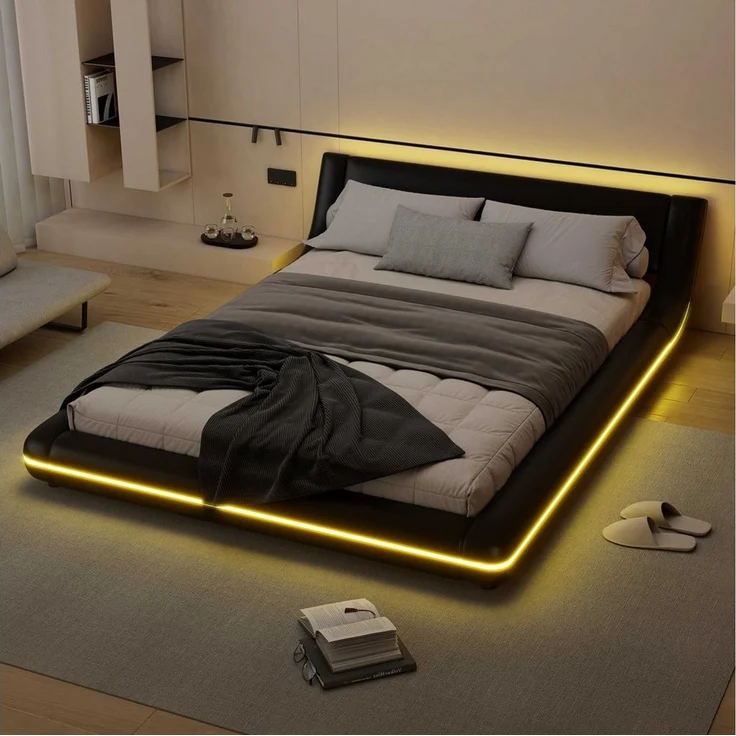 BlingBin Polsterbett Bodenbett (1-tlg, mit LED-Umgebungsbeleuchtung, 24-Tasten-Fernbedienung), 140x200 cm Bodenbett in Weiß aus PU und MDF – Bild 5