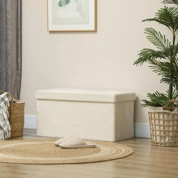 HOMCOM Sitzbank mit Stauraum, faltbar, mit Samtoptik, Sitztruhe (Truhenbank, 1-St, Polsterbank), für Flur Schlafzimmer Wohnzimmer, 76 x 38 x 38 cm Cremeweiß – Bild 2