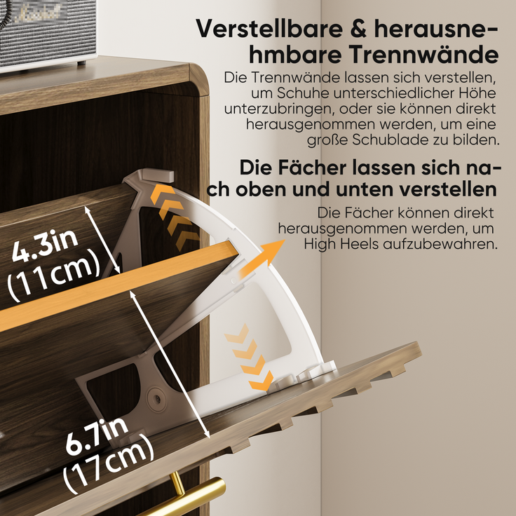 DESVIAE Garderobenschrank Schuhschrank Walnuss aus MDF –95 x 80 x 24 cm, 2 Kippfächer, offene Ablage – Bild 4