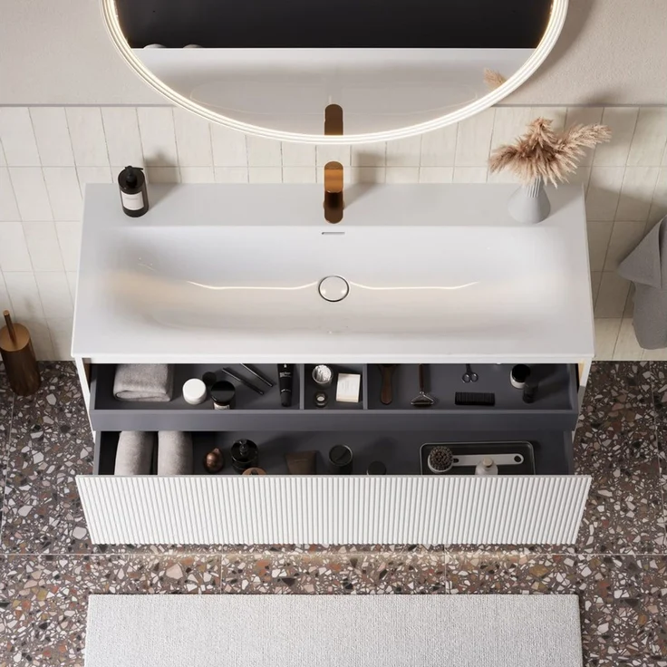 Bernstein Waschbeckenunterschrank BELDIVO 120cm Weiß matt Duravit LED (1 Hahnloch) Waschtischunterschrank mit Waschbecken 1 Schublade Innenschublade LED – Bild 2