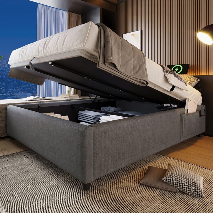 Polsterbett Einzelbett 140×200 cm,Tagesbett mit Stauraum, USB & Type-C Ladeanschlüssen, Leinenbezug,in Grau – Bild 2