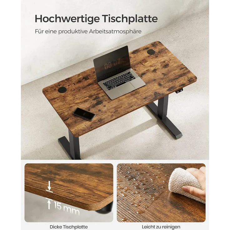 SONGMICS Höhenverstellbarer Schreibtisch elektrisch, Tischgestell, Schreibtischständer mit Motor, stufenlos verstellbar, 120 x 60 x (73-114) cm, Stahl, vintagebraun-schwarz LSD011B01 – Bild 5