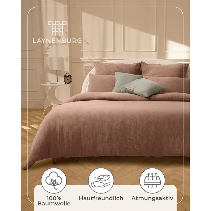 Laynenburg Bettwäsche Musselin aus 100% Baumwolle in 135x200 oder 155x220 cm, atmungsaktiv & bügelfrei – 2 lagig mit Reißverschluss & Haltebändern – Bild 4