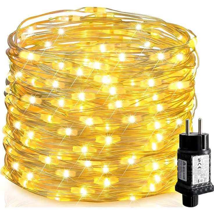 Salcar Lichterkette LED Kupfer Lichterkette Weihnachtsbeleuchtung für Innen & Außen Deko, 20m 200 LED Silberfarbener-Kupferdraht, Netzteil, Warmweiß