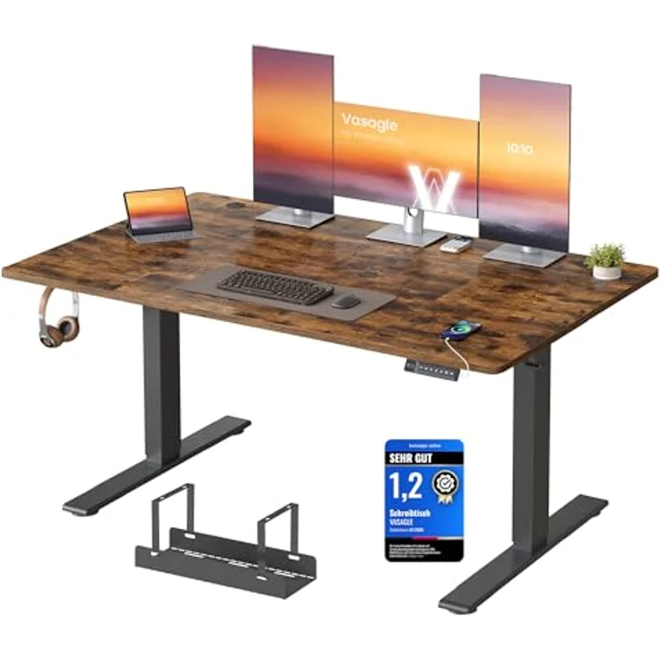 VASAGLE Höhenverstellbarer Schreibtisch, 140x80 cm, USB-C-Anschluss, Ablage für Steckdosenleiste, Stehtisch, Erinnerung bei langem Sitzen, 3 Speichertasten, für Büro, vintagebraun LSD144KD02 – Bild 2