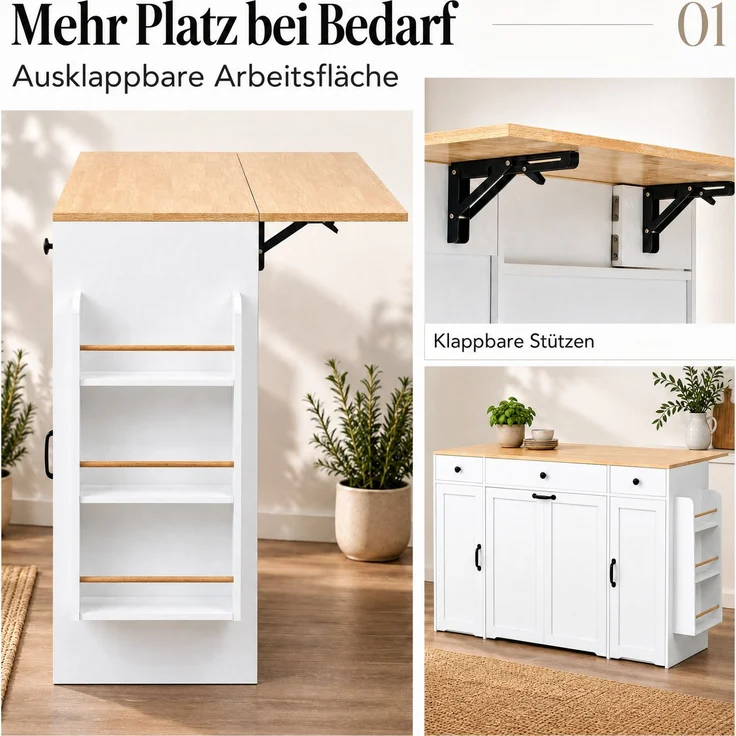 Sideboard 136x65x90 cm mit 3 Schubladen und 2 Türen – Weiß und Natur – Bild 8