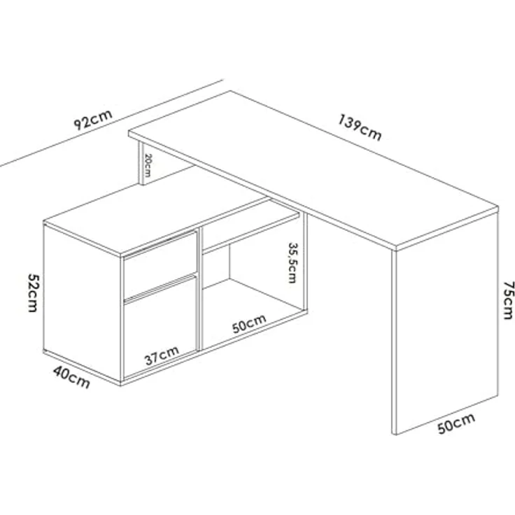 Dmora - Gardena-Schreibtisch, Schreibtisch mit Mehreren Positionen für das Büro oder Schlafzimmer, Mehrzweck-Ecktisch, 139 x 92 x 75 cm, Weiß und Eiche – Bild 3