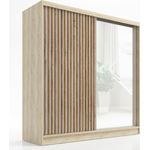 A&J MöbelLand 'LINA' Schwebetürenschrank, mit 3 Schubladen, 3D-Lamellen und Spiegel, MDF Sonoma, 215 x 60 x 200 cm