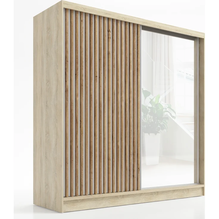 A&J MöbelLand 'LINA' Schwebetürenschrank, mit 3 Schubladen, 3D-Lamellen und Spiegel, MDF Sonoma, 215 x 60 x 200 cm – Bild 1