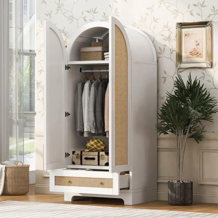 Rayofly-Kleiderschrank 70 x 55 x 170 cm, Doppeltüren-Design, Schubladen und Ablagefächer, Türen aus Kunstrattan, Weiß, H 170cm x T 70cm x B 55cm
