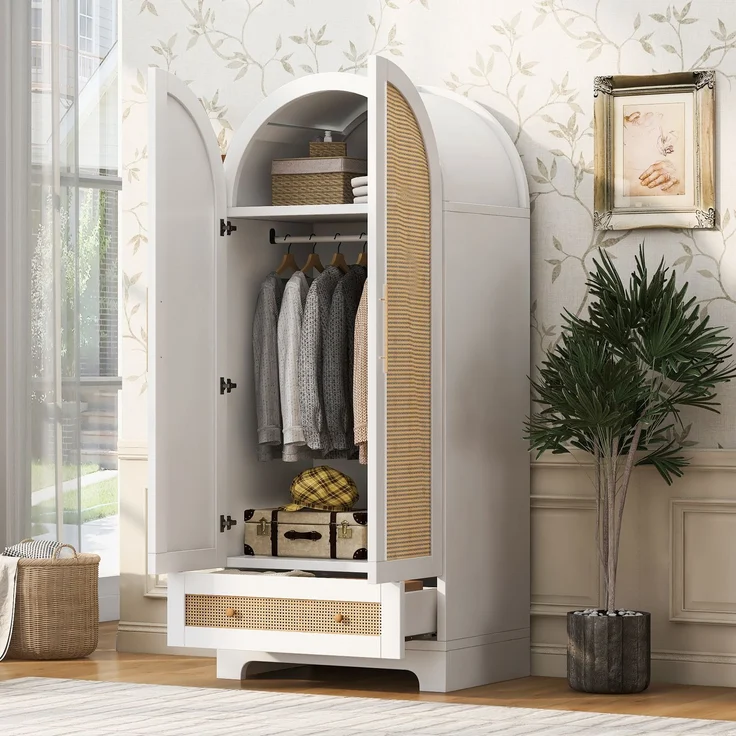 Rayofly-Kleiderschrank 70 x 55 x 170 cm, Doppeltüren-Design, Schubladen und Ablagefächer, Türen aus Kunstrattan, Weiß, H 170cm x T 70cm x B 55cm – Bild 1