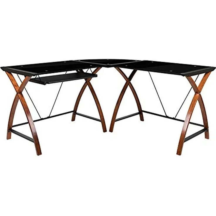 Flash Furniture Jude Eck-Computertisch mit ausziehbarer Tastaturablage aus Glas, L-Form, Schwarz