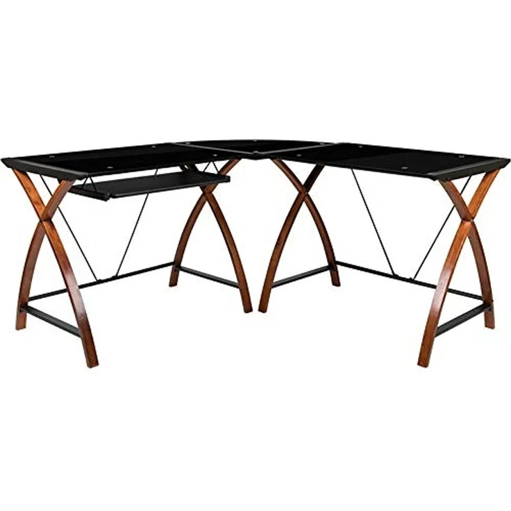 Flash Furniture Jude Eck-Computertisch mit ausziehbarer Tastaturablage aus Glas, L-Form, Schwarz – Bild 1