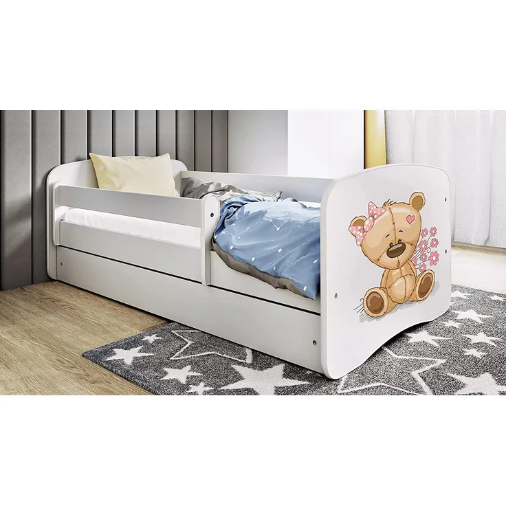 Kocot Kids 'Teddybär mit Blumen' Einzelbett weiß 80x160 cm inkl. Rausfallschutz, Matratze, Schublade und Lattenrost