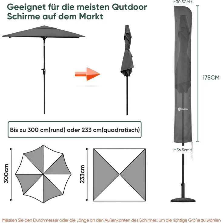 Sekey Premium Schutzhülle für 300 cm Sonnenschirm | Mit Montagestab & Reißverschluss (175×30,5/36,5 cm) – Wasserdicht, UV 50+ – Bild 2