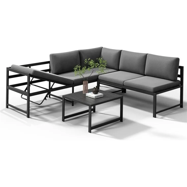 Melko Gartenlounge-Set Ecklounge mit Liegefunktion Aluminium Sitzgruppe wetterfest Grau, (Set, 3-tlg, 2 Sofa, 1 Tisch, 11 Auflagen), Liegefunktion durch verstellbare Rückenlehne