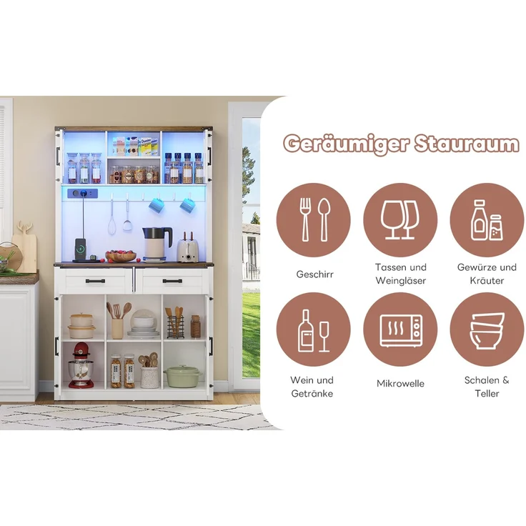 ZUBALIYA Buffetschrank 100x40x172 cm, mit LED-Beleuchtung, mit Steckdosen, mit verstellbaren Einlegeböden, aus MDF, Braun / Weiß – Bild 10