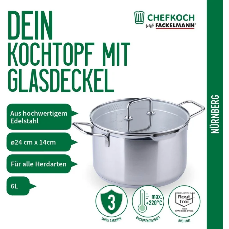 Chefkoch trifft Fackelmann Kochtopf mit Glasdeckel, Ø 24 cm, induktionsgeeignet, backofengeeignet – Bild 1