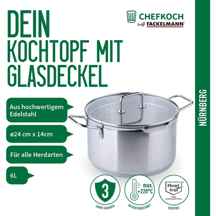 Chefkoch trifft Fackelmann Kochtopf mit Glasdeckel, Ø 24 cm, induktionsgeeignet, backofengeeignet