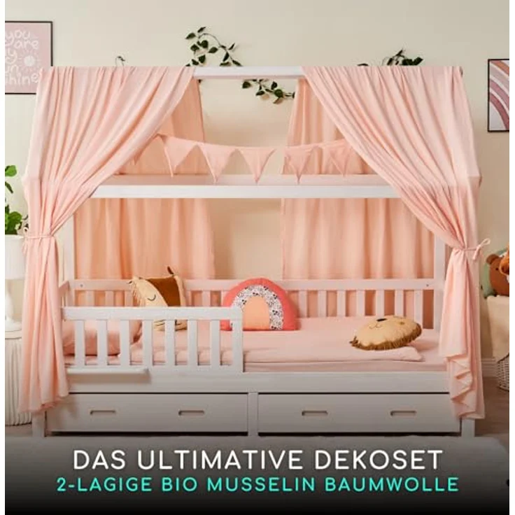 Alavya Home® Betthimmel Dekoset (2 Stück Betthimmel 1 Stück Wimpelkette 300cm cm lang mit 9 Stück Wimpeln, 3-tlg), Dekoset aus 100% Bio-Musselin Baumwolle 125x350 cm – Bild 3